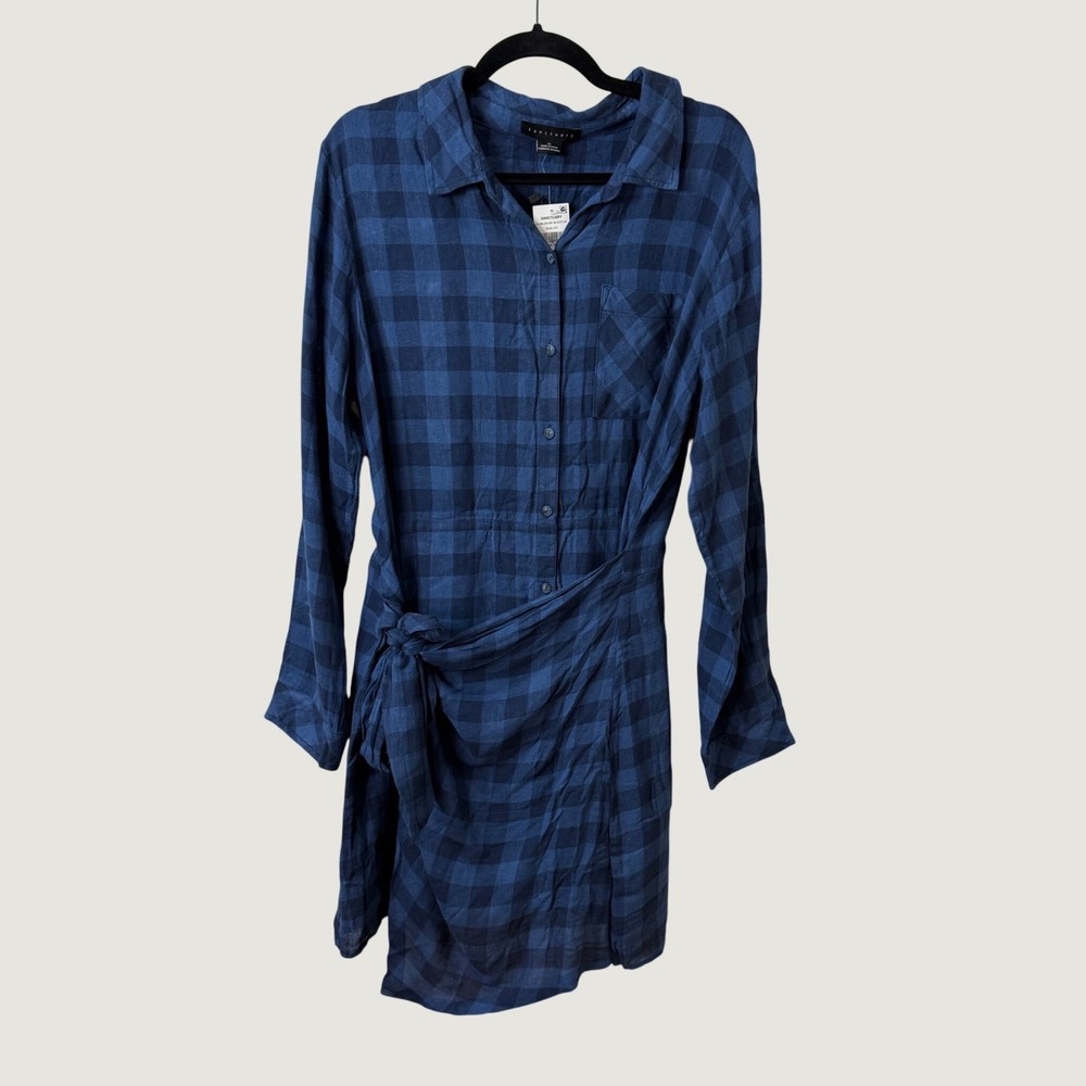Sanctuary Blue Plaid Linen Blend Wrap Shirt Dress XL Fall Dark Preppy Grunge NWT